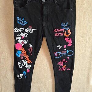 Waimea Men Graffiti Print Artsy Colorful Blk Denim Jeans Size 34 Skinny Fit 076